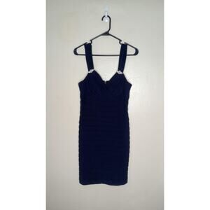 R & M Richard's Navy Rhinestones Ruched Pleated Cocktail Dress 8